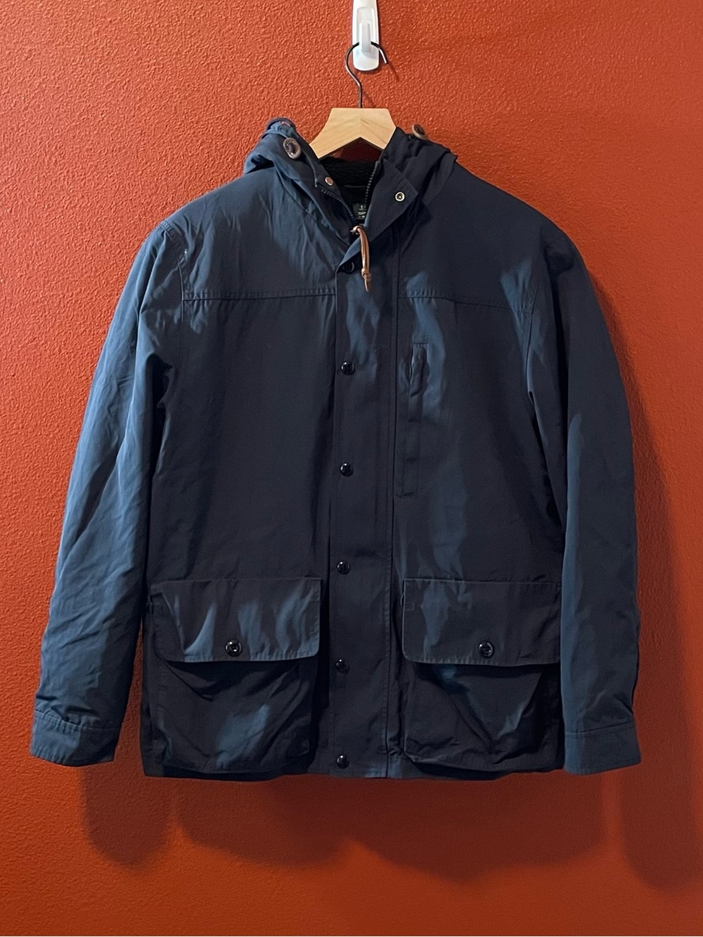 J Crew Men’s Heathfield Navy Hooded Snap Zip Up Ventilated Outdoor Jacket